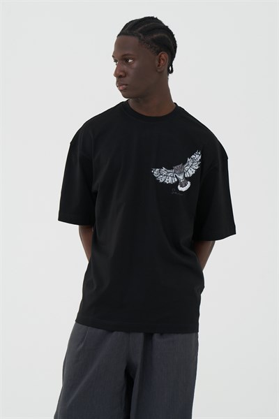 Owl Flight Oversize Erkek Tişört Siyah