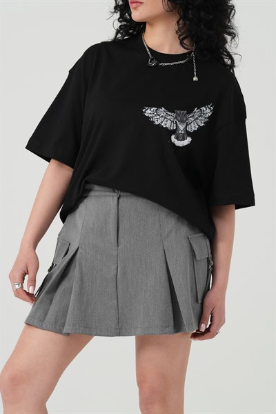 Owl Flight Oversize Kadın Tişört Siyah
