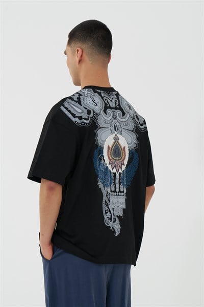 Paisley Wings Oversize Erkek Tişört Siyah