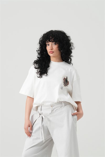 Paisley Wings Oversize Kadın Tişört Ekru