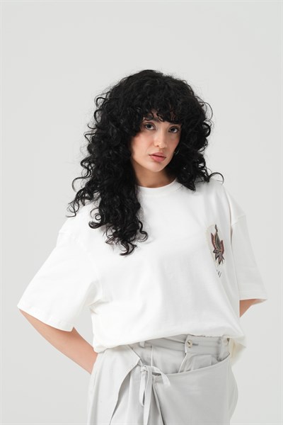 Paisley Wings Oversize Kadın Tişört Ekru