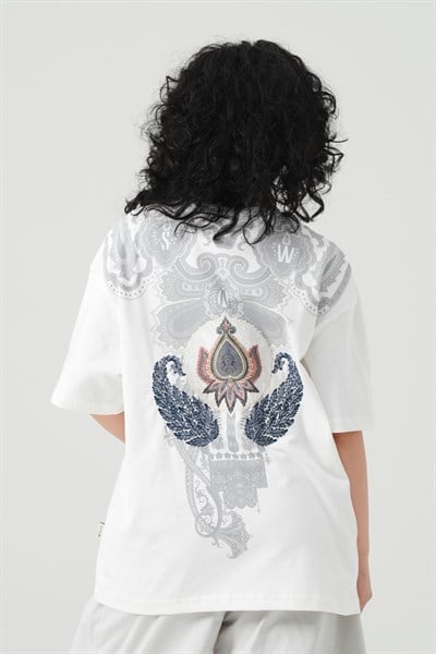 Paisley Wings Oversize Kadın Tişört Ekru