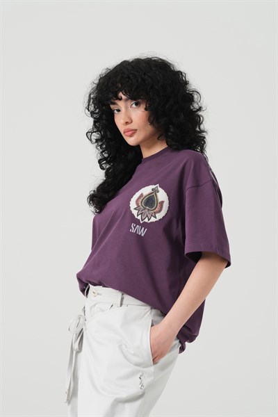 Paisley Wings Oversize Kadın Tişört Mor