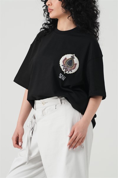Paisley Wings Oversize Kadın Tişört Siyah