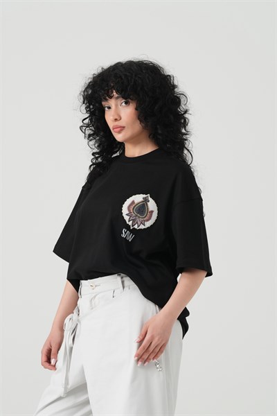 Paisley Wings Oversize Kadın Tişört Siyah