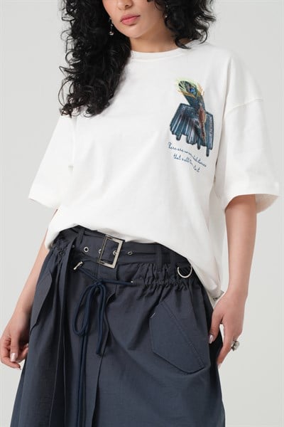 Peacock Quill Oversize Kadın Tişört Ekru