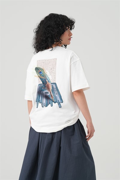 Peacock Quill Oversize Kadın Tişört Ekru
