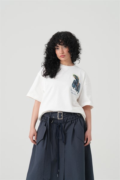 Peacock Quill Oversize Kadın Tişört Ekru
