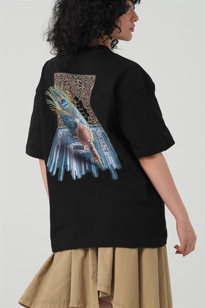 Peacock Quill Oversize Kadın Tişört Siyah