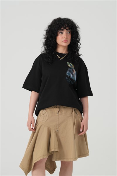 Peacock Quill Oversize Kadın Tişört Siyah