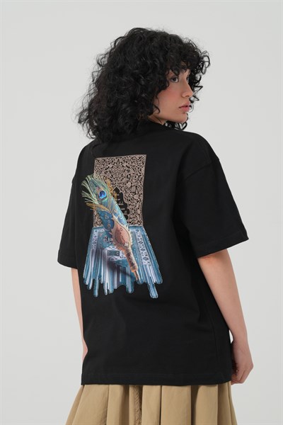 Peacock Quill Oversize Kadın Tişört Siyah