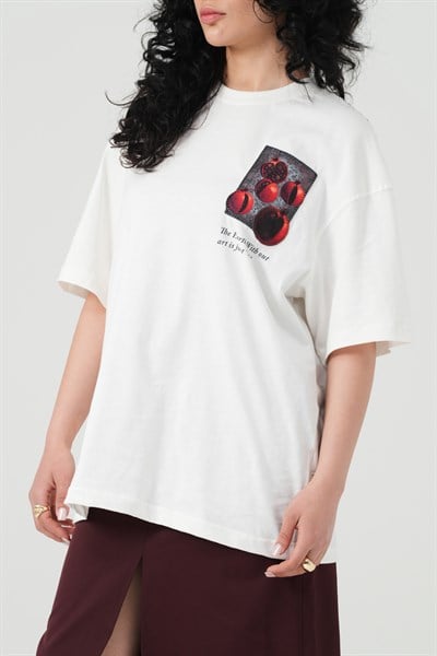 Pomegranate Art Oversize Kadın Tişört Ekru