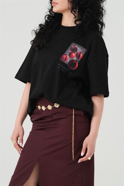 Pomegranate Art Oversize Kadın Tişört Siyah