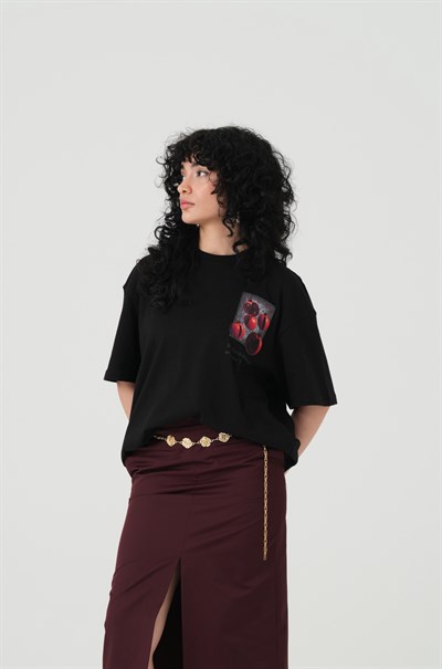 Pomegranate Art Oversize Kadın Tişört Siyah