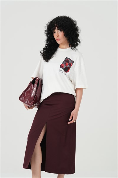 Pomegranate Art Oversize Kadın Tişört Ekru