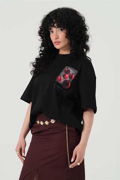 Pomegranate Art Oversize Kadın Tişört Siyah