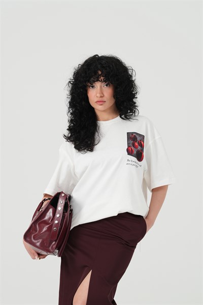 Pomegranate Art Oversize Kadın Tişört Ekru