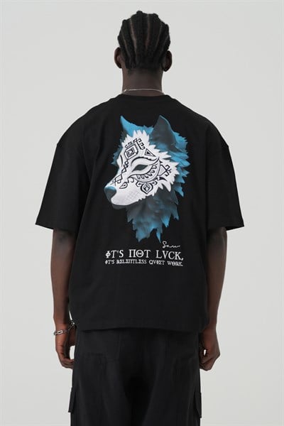 Relentless Wolf Oversize Erkek Tişört Siyah