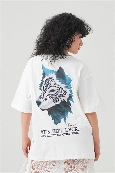 Relentless Wolf Oversize Kadın Tişört Ekru