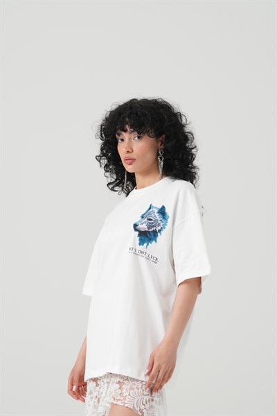 Relentless Wolf Oversize Kadın Tişört Ekru