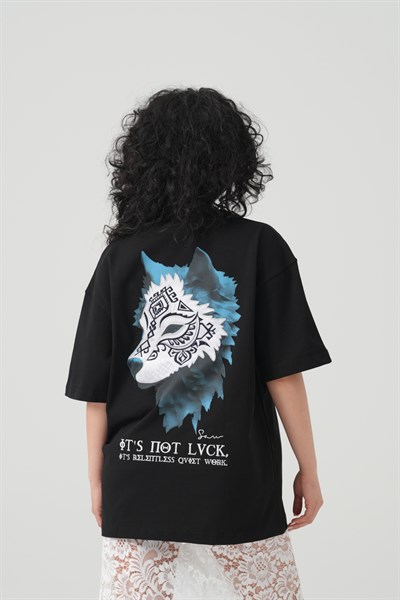 Relentless Wolf Oversize Kadın Tişört Siyah
