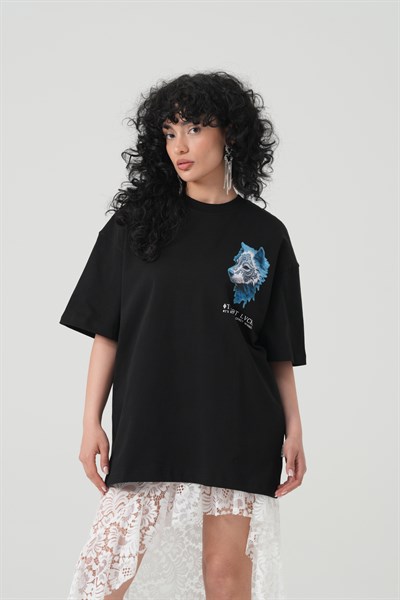 Relentless Wolf Oversize Kadın Tişört Siyah