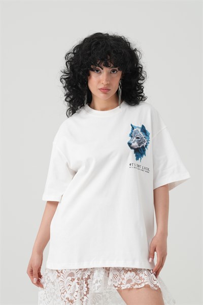Relentless Wolf Oversize Kadın Tişört Ekru
