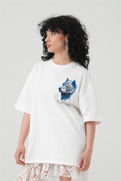 Relentless Wolf Oversize Kadın Tişört Ekru