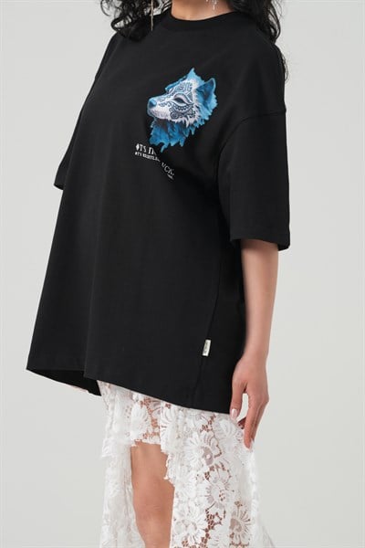 Relentless Wolf Oversize Kadın Tişört Siyah