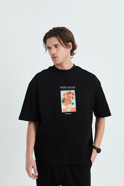 Sunflowers Oversize Tişört Erkek Siyah - Van Gogh Edition