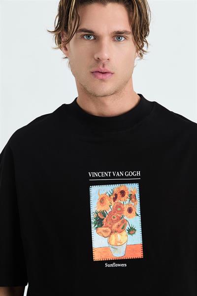 Sunflowers Oversize Tişört Erkek Siyah - Van Gogh Edition