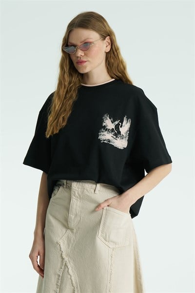 Tsuru Oversize Kadın Tişört Siyah