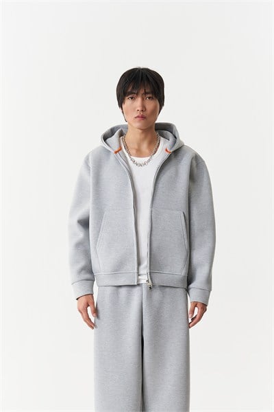 Urban Contour Oversize Erkek Fermuarlı Sweatshirt Gri Melanj