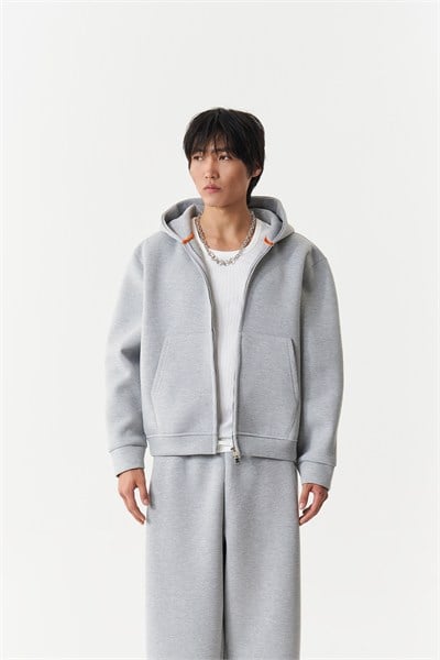 Urban Contour Oversize Erkek Fermuarlı Sweatshirt Gri Melanj