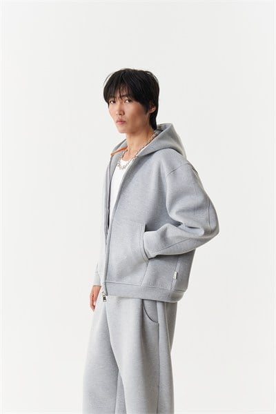 Urban Contour Oversize Erkek Fermuarlı Sweatshirt Gri Melanj