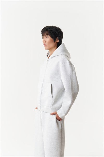 Urban Contour Oversize Erkek Fermuarlı Sweatshirt Kar Melanj
