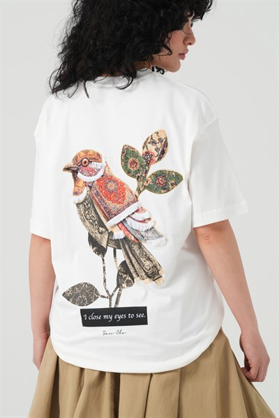 Vision Bird Oversize Kadın Tişört Ekru