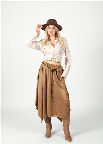 Camel Kemerli Süet Kloş Mıdı Etek