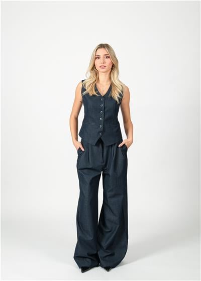 Lacivert Denim Palazzo Pantolon Yelek Takım