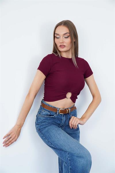 Bisiklet Yaka Piercingli T-Shirt Bordo