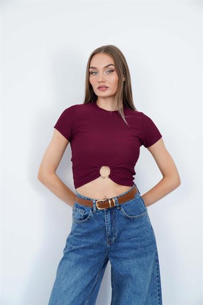 Bisiklet Yaka Piercingli T-Shirt Bordo