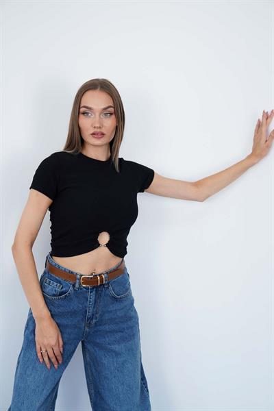 Bisiklet Yaka Piercingli T-Shirt Siyah