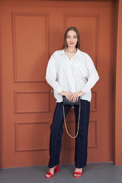 Çizgili Oversize Gömlek Beyaz