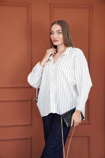 Çizgili Oversize Gömlek Beyaz