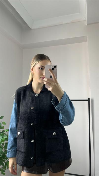 Denim Detaylı Cepli Siyah Hırka