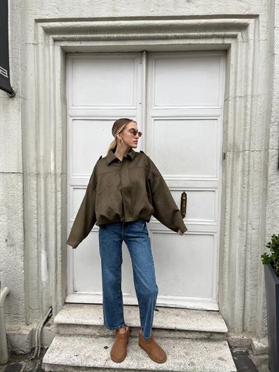 Oversize Bumber Süet Ceket Yeşil