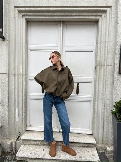 Oversize Bumber Süet Ceket Yeşil
