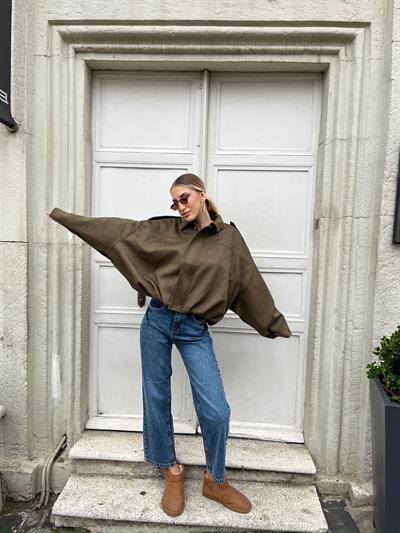 Oversize Bumber Süet Ceket Yeşil