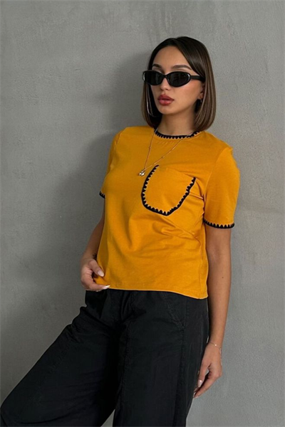 Bayan Hardal Siyah Çoban Dikişli T-Shirt