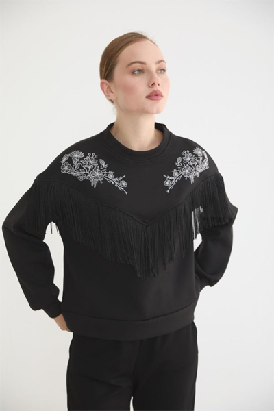 Bayan Siyah Sweatshirt Çiçek Desenli Ve Yuvarlak Yaka